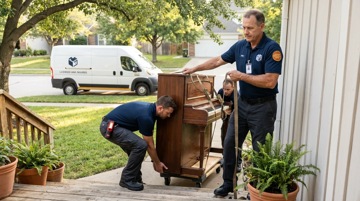 Licensed piano movers securing grand piano in Alturas, CA
