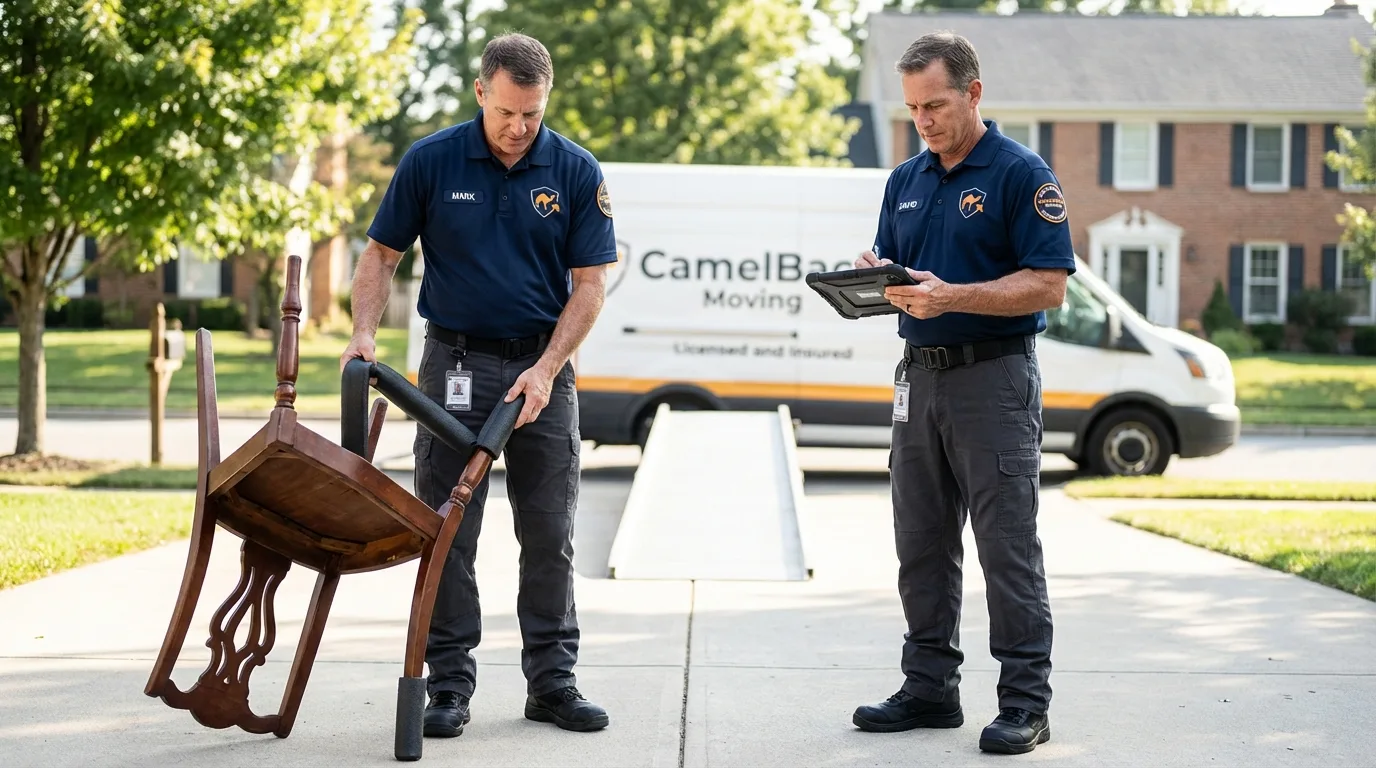 Movers inspecting furniture for damage prevention before loading in Alturas, CA